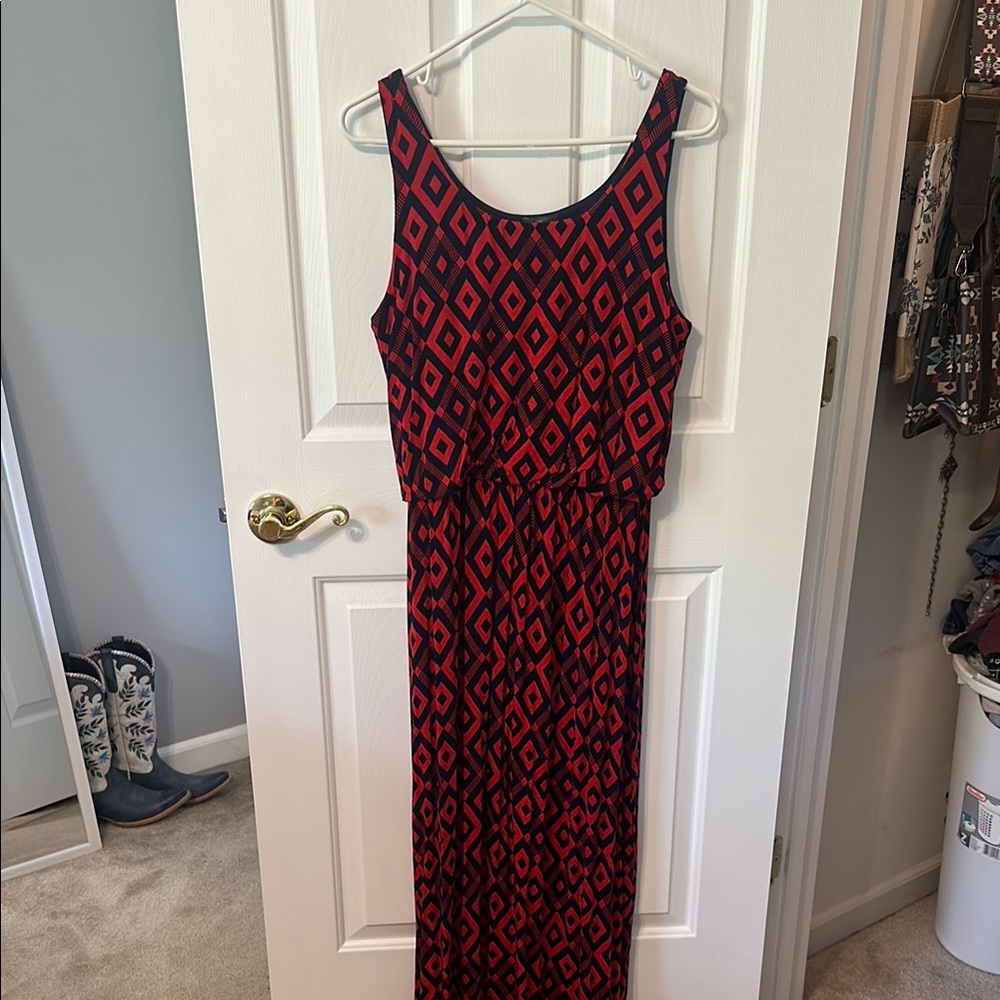 Geometric Red and Navy Blue Maxi Dress
